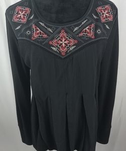 Alchemy Thread Black Waffle Knit Embroidered Long Sleeve Hi Lo Shirt top L